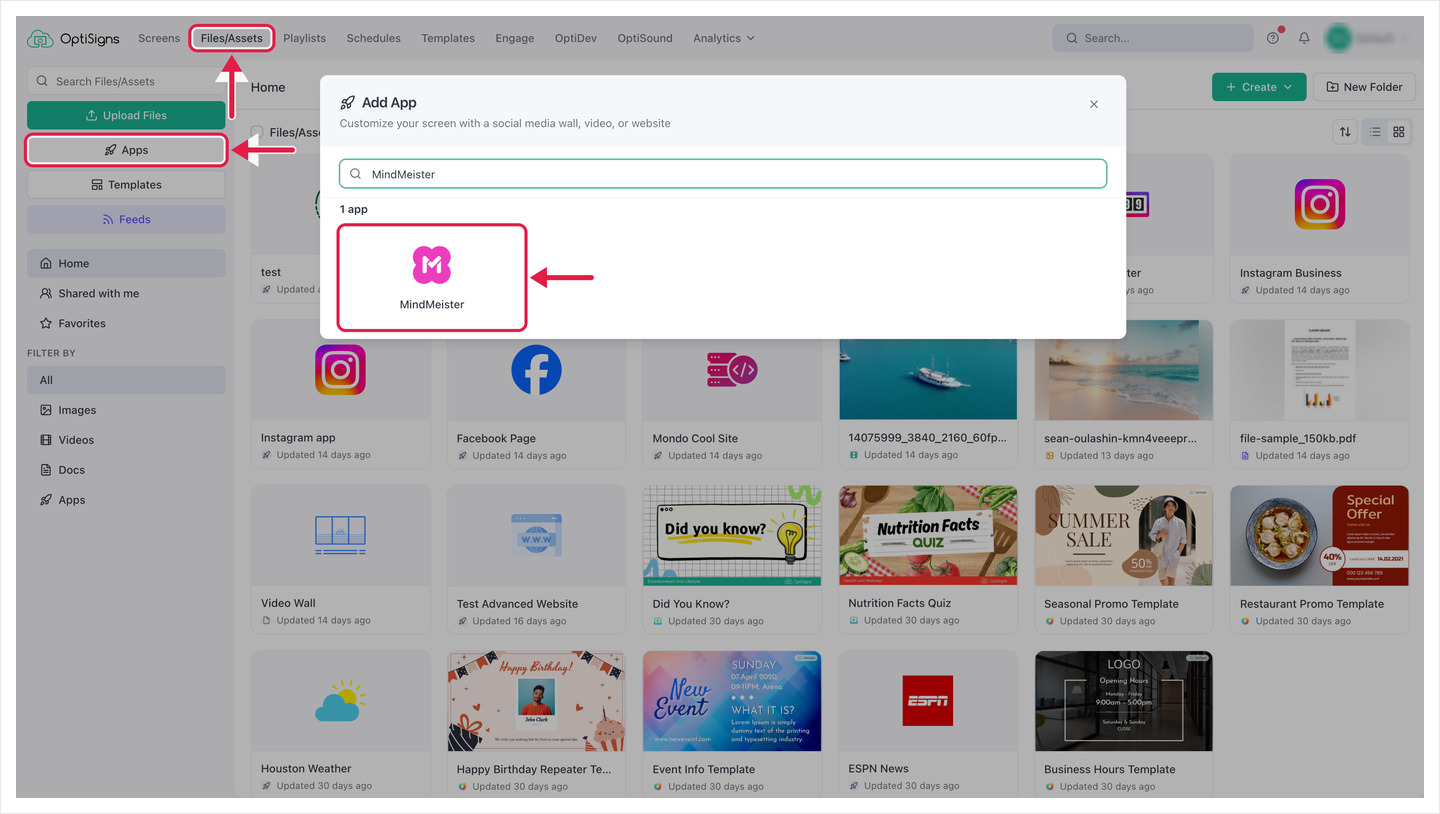 Add App dialog on Files/Assets with MindMeister typed in the search box and the MindMeister app card highlighted