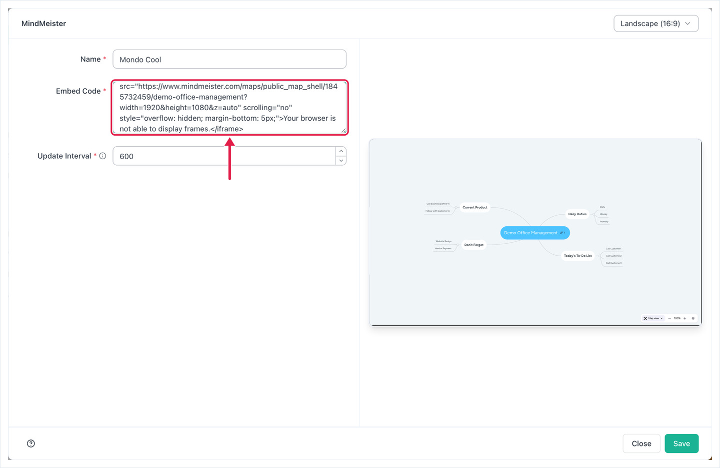 MindMeister app settings with Name, Embed Code and Update Interval, and a live preview of the mind map
