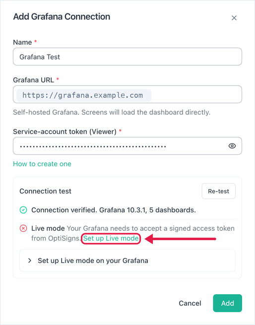 Add Grafana Connection form with the connection test result and the Set up Live mode link highlighted