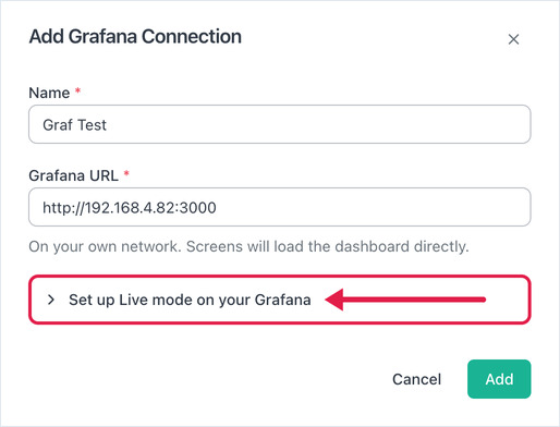 Add Grafana Connection form with a private address and the Set up Live mode on your Grafana block highlighted