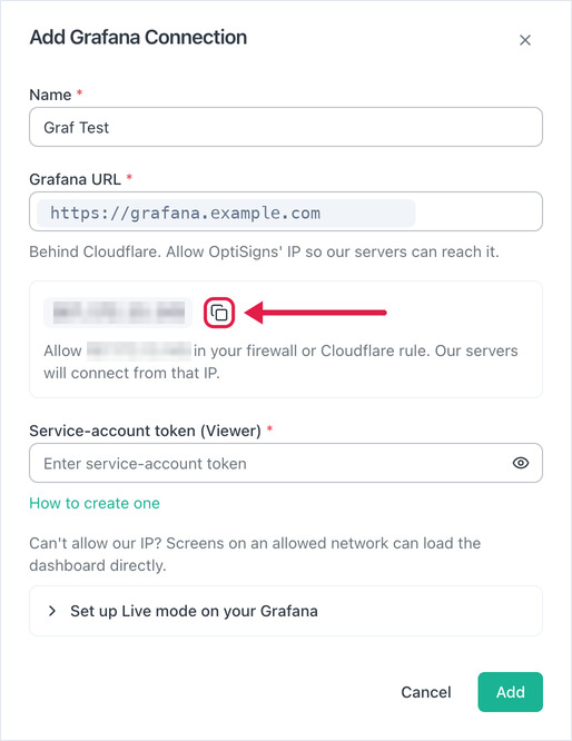 Add Grafana Connection form for a Grafana behind Cloudflare with the copy button next to the IP address highlighted