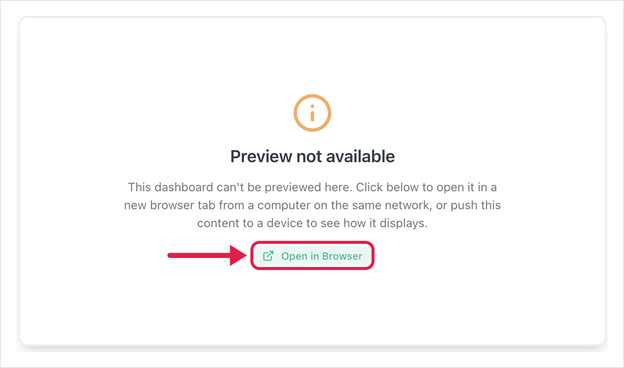 Grafana app preview showing the Preview not available card with the Open in Browser button highlighted