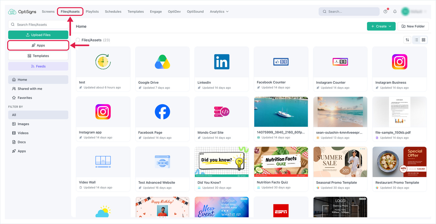 OptiSigns Files/Assets page with the Files/Assets tab and the Apps button highlighted