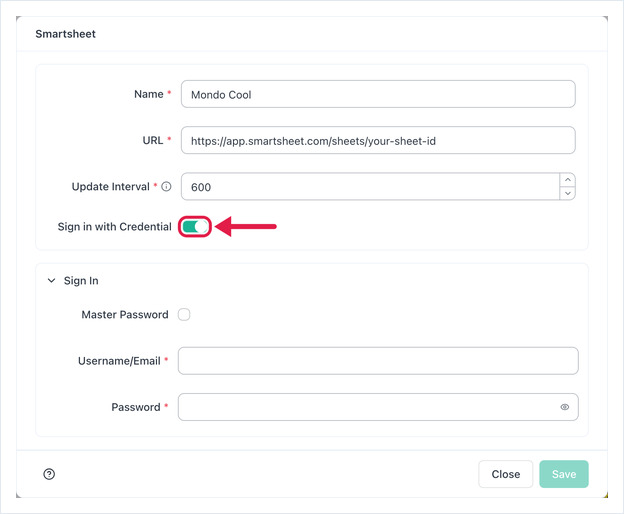 Smartsheet app dialog with Name, URL and Update Interval filled and Sign in with Credential turned on