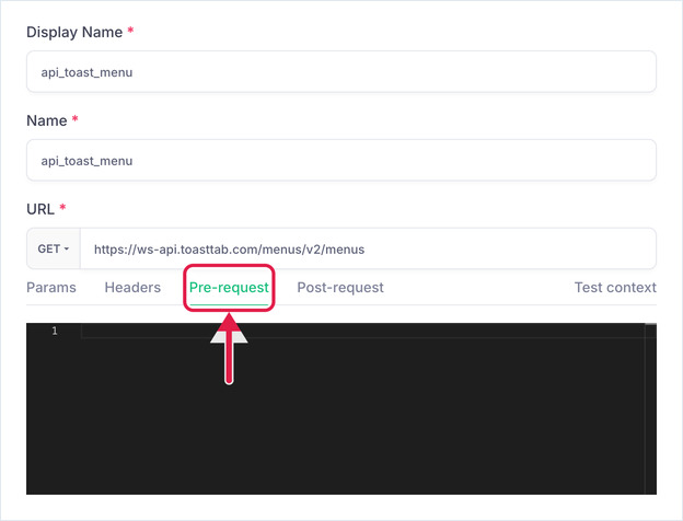OptiSigns Request dialog with the Toast menus URL entered and the Pre-request tab selected