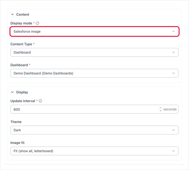 Salesforce app form with Display mode set to Salesforce image, showing the Image fit option