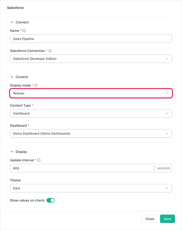 Salesforce app form with Connect, Content and Display sections, Display mode set to Redraw