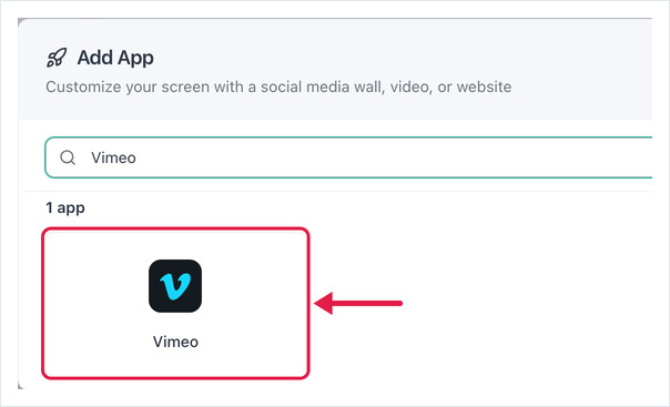 Add App dialog with Vimeo typed in the search box and the Vimeo app tile highlighted