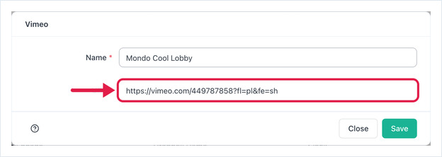 Vimeo app form with a name entered and a Vimeo video URL pasted in the highlighted URL field
