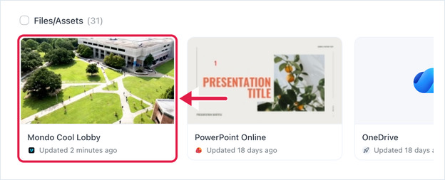 Files/Assets grid showing the new Vimeo asset with its video thumbnail as the first card