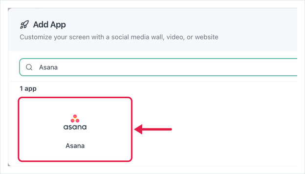 Add App dialog with Asana typed in the search box and the Asana app card highlighted