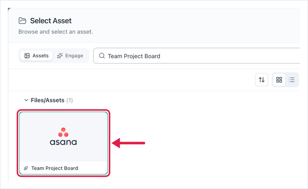Select Asset window with the Team Project Board Asana asset selected