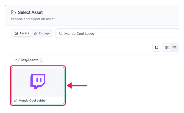 Select Asset dialog with the Twitch asset selected