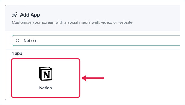 Add App dialog searched for Notion, with the Notion app card highlighted