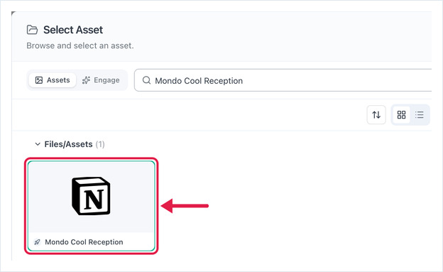 Select Asset dialog with the Notion asset selected