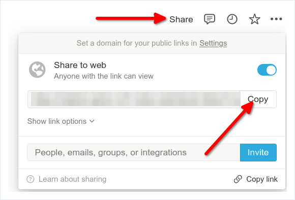 Notion page Share menu with Share to web turned on and the Copy button next to the published link