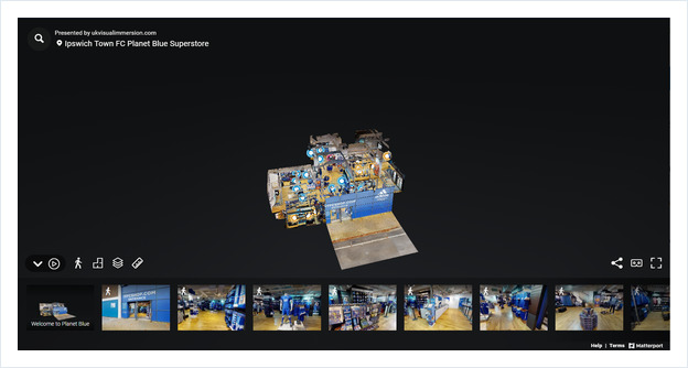 A Matterport 3D dollhouse view of a store, with room thumbnails along the bottom
