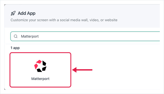 Add App dialog searched for Matterport, with an arrow on the Matterport app card