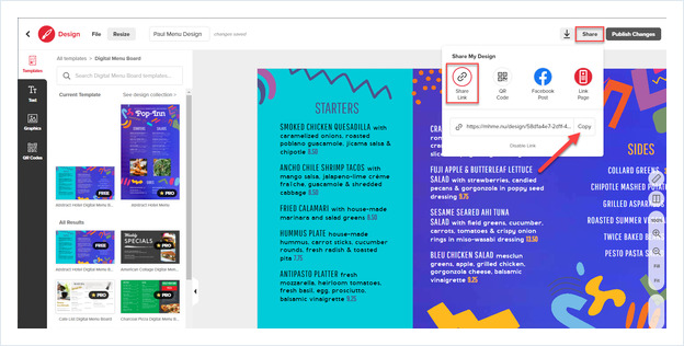 MustHaveMenus design editor with Share and Share Link highlighted and an arrow pointing to Copy