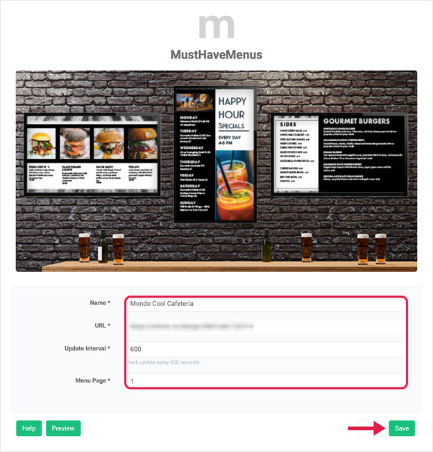 MustHaveMenus app form with Name, URL, Update Interval and Menu Page filled in, and an arrow pointing to Save