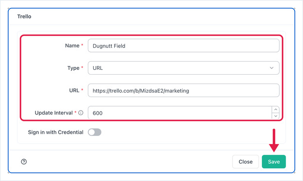 Trello form with Name, Type, URL and Update Interval boxed and an arrow pointing down to Save