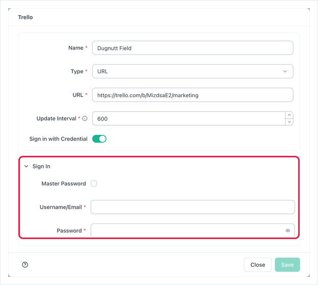 Sign in with Credential turned on, showing the Sign In section with Master Password, Username/Email and Password