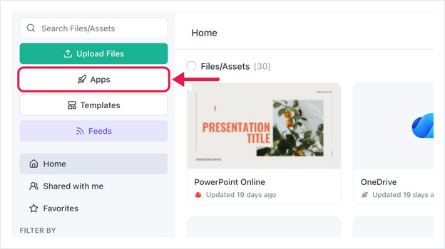 Files/Assets page with an arrow on the Apps button in the left panel