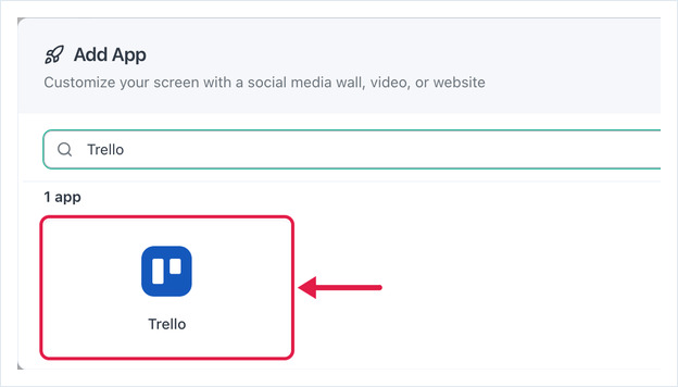 Add App dialog searched for Trello, with an arrow on the Trello app card