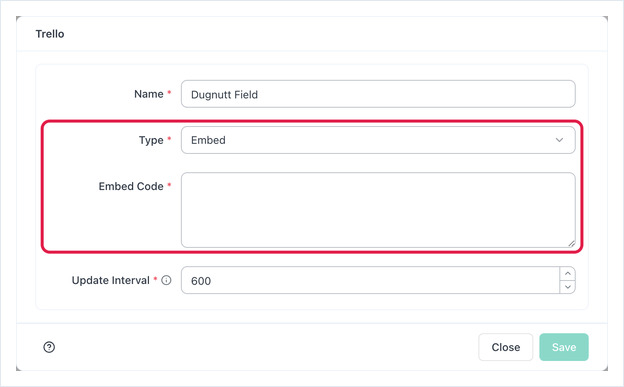 Trello form with Type switched to Embed, showing the Embed Code box below it