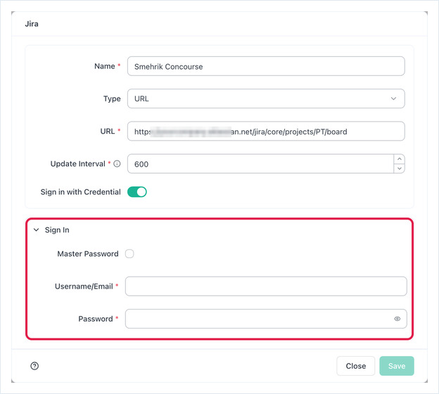 Sign in with Credential turned on, showing the Sign In section with Master Password, Username/Email and Password