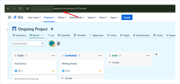 Jira board open in a browser, with the board URL in the address bar highlighted