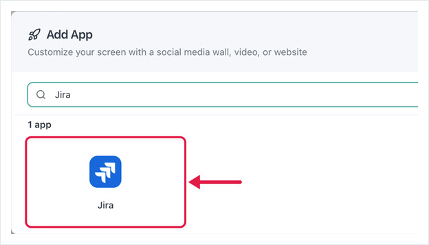 Add App dialog searched for Jira, with the Jira app card highlighted