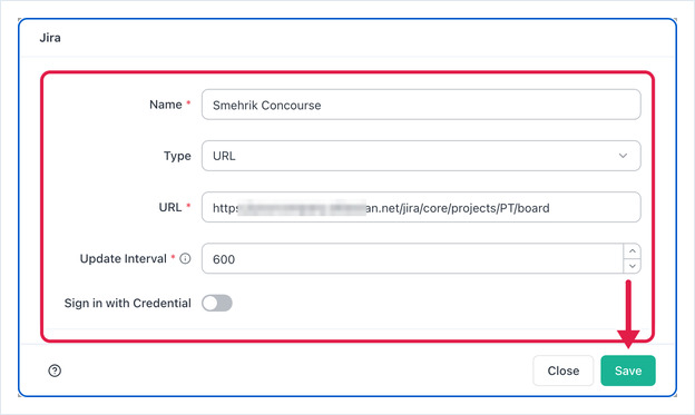 Jira app form with Type set to URL, Name, URL and Update Interval filled in, and an arrow on Save