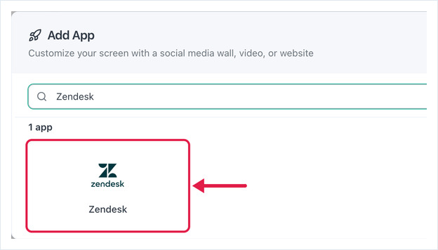 Add App dialog searched for Zendesk, with the Zendesk app card highlighted