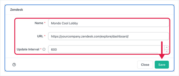 Zendesk app form with Name, URL and Update Interval filled in, and an arrow on Save