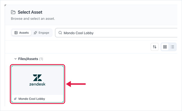 Select Asset dialog with the Zendesk app asset selected