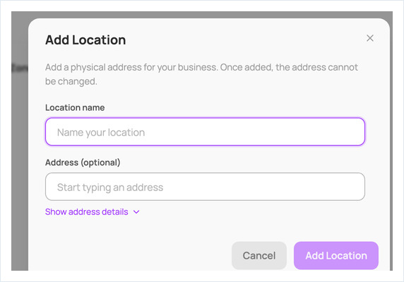 Add Location dialog with the Location name and Address fields
