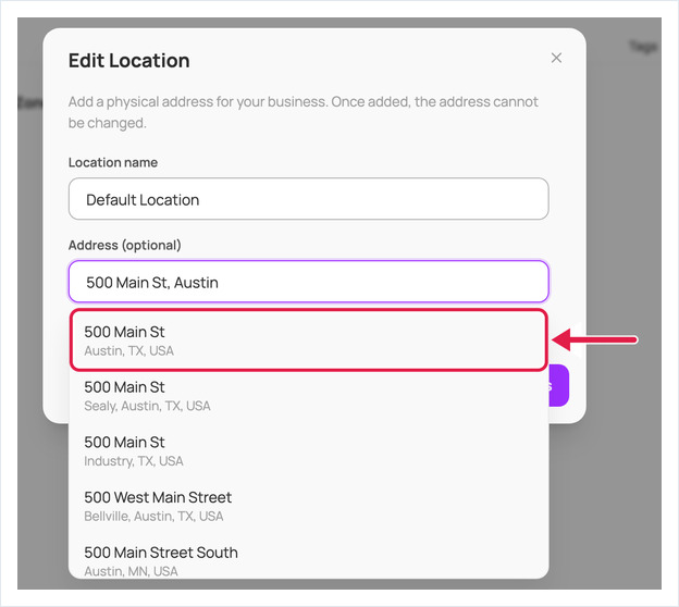 Edit Location dialog with address suggestions listed below the Address field