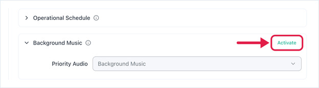 Edit Screen dialog with the Background Music section expanded and the Activate button highlighted