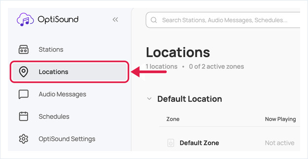 OptiSound sidebar with Locations highlighted