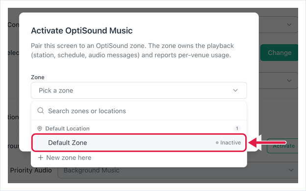 Activate OptiSound Music dialog with the Zone list open and Default Zone highlighted