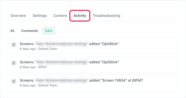 Activity tab with the Edits filter selected, listing edits made to the device