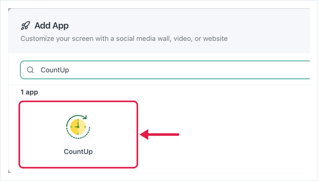 Add App dialog searched for CountUp, with the CountUp app card highlighted