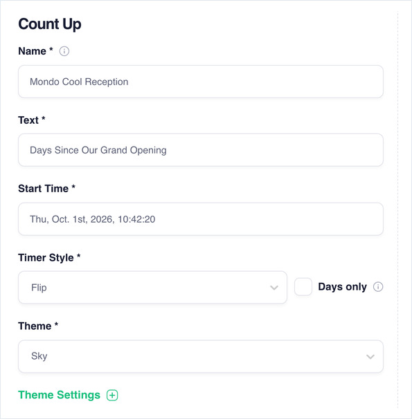 Count Up app form with the Name, Text, Start Time, Timer Style and Theme fields filled in