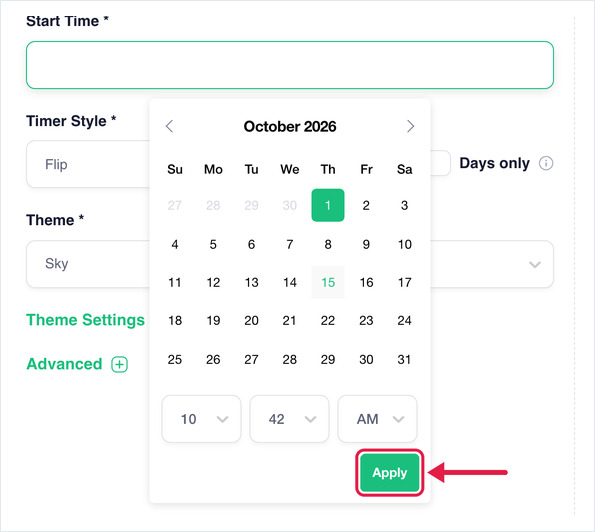 Start Time calendar with a date selected and the Apply button highlighted