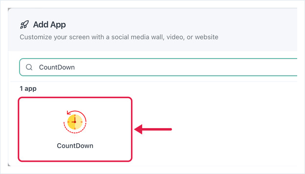 Add App dialog searched for CountDown, with the CountDown app card highlighted