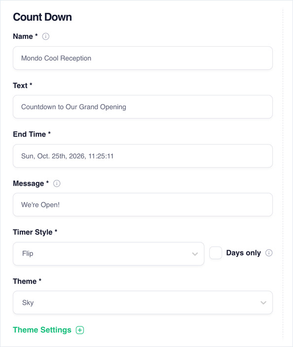 Count Down app form with the Name, Text, End Time, Message, Timer Style and Theme fields filled in