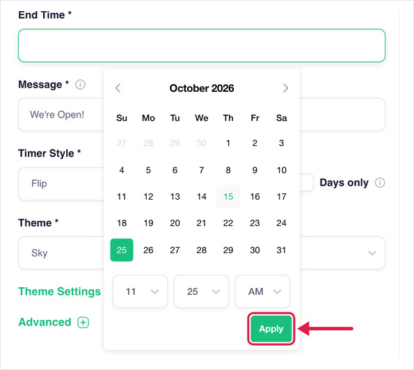 End Time calendar with a date selected and the Apply button highlighted