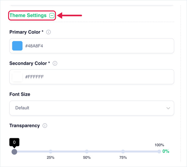 Theme Settings section expanded, showing Primary Color, Secondary Color, Font Size and Transparency
