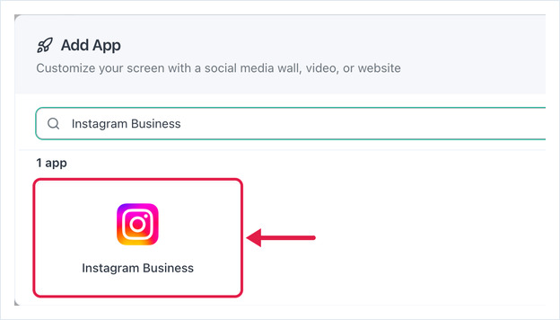 Add App dialog searched for Instagram Business, with the Instagram Business app card highlighted